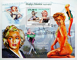 Postage stamp printed in Mozambique shows Block: Marilyn Monroe, serie, 175 MTn - Mozambican metical, circa 2009