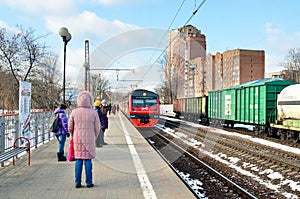 Moscow, Russia, March, 20, 2016. Woman on the train station Balashikha, Moscow region