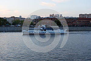 Moscow, Russia, May 2, 2019. The motor ship sailing in the evening on the Moscow River