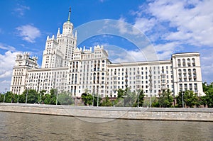 Moscow, Russia-May 27,2019: Panorama of Kotelnicheskaya Embankment Building in moscow downtown from Moscow river