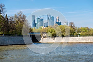 Moscow, Russia - May 6, 2019: View of the Moscow-City Financial and Office Center on a spring afternoon from the Moscow River near