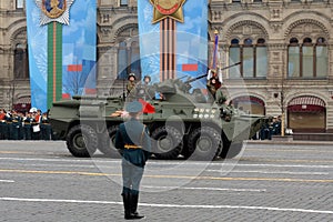 Armored personnel carrier BTR-82A at the dress rehearsal of the military parade in honor of Victory Day on Moscow`s Red Square