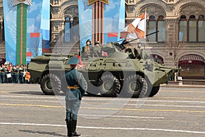 Armored personnel carrier BTR-82A at the dress rehearsal of the military parade in honor of Victory Day on Moscow`s Red Square