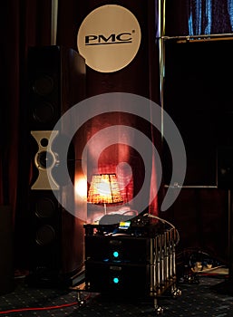 Audio equipment of PMC and CHORD firms in the dark room of the Borodino hotel at the Hi-Fi and High End show