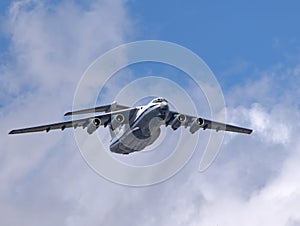 MOSCOW, RUSSIA - MAY 7, 2021: Avia parade in Moscow. Ilyushin Il-76 multi-purpose four-engined strategic airlifters fly