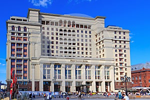 Moscow, Russia - May 27, 2018: Building of Four Seasons Hotel Moscow on Okhotnyy Ryad street. View from Manezhnaya square