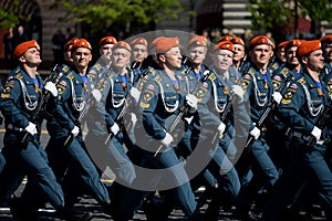 Cadets of the Academy of civil protection of EMERCOM of Russia during the parade on red square in honor of Victory day.