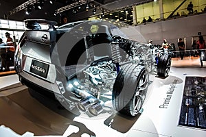Moscow, Russia - May 25, 2019: Car sectioned. The internal structure of the car Nissan GTR. Engine, gearbox and suspension. Torque