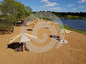 Moscow, Russia - May 07. 2018. city beach on pond in Zelenograd