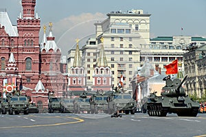 Column of military equipment at the dress rehearsal of the parade on red square in honor of Victory Day