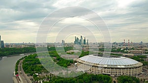 MOSCOW, RUSSIA - MAY, 24, 2017. High altitude aerial shot of renovated for FIFA World Cup 2018 Luzhniki football stadium