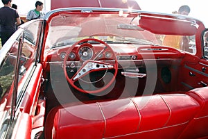 Moscow, Russia - May 25, 2019: Interior of a vintage car Chevrolet Impala convertible from red leather