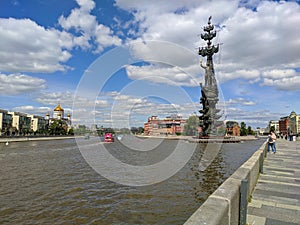 Moscow, Russia - May 31, 2021: Muzeon Art Park. View of the statue of Peter Great and the embankment of the Moskva River - Moscow