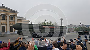 People taking photo of missile on victory day in Moscow Russia