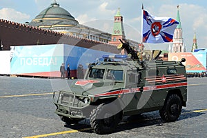 Russian multi-purpose armored car `Tiger-M` military police at the dress rehearsal of the parade on red square in honor of Victory