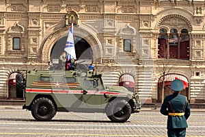 Russian multi-purpose armored car `Tiger-M` of the military police at the dress rehearsal of the Victory Day parade on Moscow`s Re