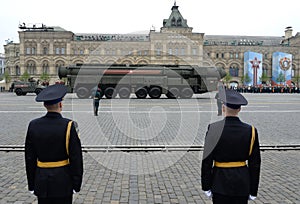 Russian thermonuclear weapon intercontinental ballistic missile Yars on parade festivities devoted to 74 anniversary of Victory Da