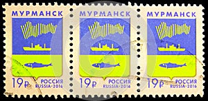 Three postage stamps printed in Russia shows Coat of arms of Murmansk, serie, circa 2016