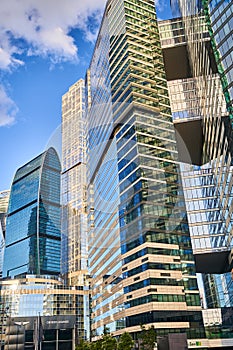 Moscow, Russia - 30.07.2022: Moscow City skyscrapers close up. International Business Center