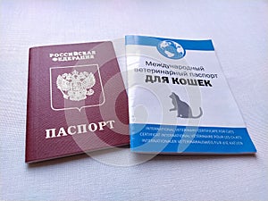 Moscow, Russia, November 29, 2020. Inscription - Russian Federation, passport. Inscription - International Veterinary Passport for