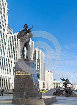 Moscow, Russia - November 2. 2017. The monument to M. Kalashnikov, designer of AK-47 on Oryzheyny lane.