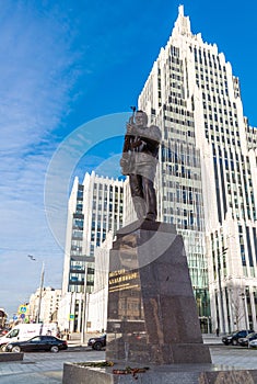 Moscow, Russia - November 2. 2017. Monument to M. Kalashnikov, designer of AK-47 on Oryzheyny lane.