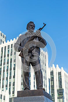 Moscow, Russia - November 2. 2017. Monument to M. Kalashnikov, designer of AK-47 on Oryzheyny lane.