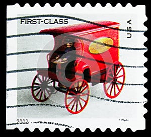 Postage stamp printed in United States shows Toy Mail Wagon - First Class,  serie, circa 2002