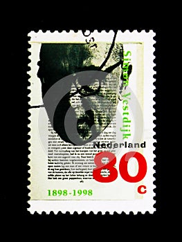 MOSCOW, RUSSIA - NOVEMBER 24, 2017: A stamp printed in Netherlands shows portrait of S. Vestdijk (1898-1971), 100th anniversary o