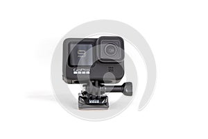 moscow  russia - Novemner 11  2020: new flagship action camera gopro hero 9 black. front view  isolated white background