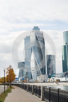 Moscow, Russia - October 05, 2019: Moscow City skyline. Moscow International Business Centre at day time with Moskva river.