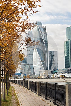 Moscow, Russia - October 05, 2019: Moscow City skyline. Moscow International Business Centre at day time with Moskva river.