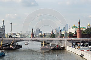 Moscow, Russia - October 05, 2019: Panoramic view of the center of Moscow Kremlin and the Moscow river on a clear autumn day