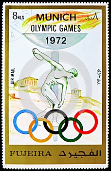 Postage stamp printed in Fujairah shows Discus thrower; Statue of Myron; Acropolis, Summer Olympics 1972, Munich serie, circa 1972