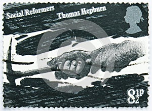 Postage stamp printed in United Kingdom shows Hewing Coal (Thomas Hepburn), Social Reformers serie, circa 1976