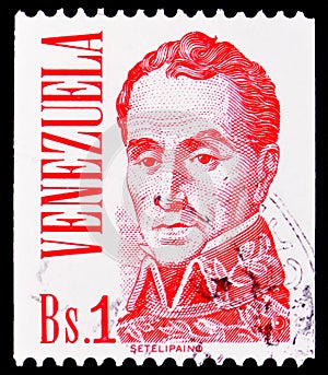 Postage stamp printed in Venezuela shows Simon Bolivar 1783-1830, Simon Bolivar - by Jose Maria Espinoza serie, circa 1978