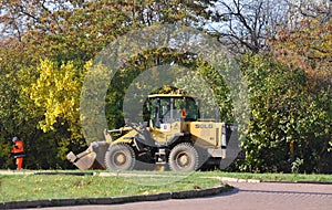 MOSCOW, RUSSIA - OCTOBER 22, 2018: SDLG LG936L front loader for foliage cleaning in the park