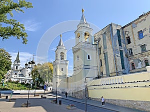 Moscow, Russia, August, 29, 2019. People walking near Ioanno-Predtechensky women monastery in Zabelina street