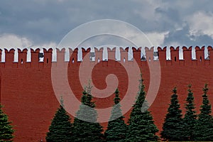 Moscow, Russia - Red Kremlin Wall and sky atop. Famous Russian Landmark