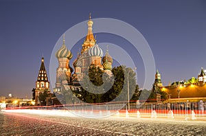 Moscow, Russia, Red Square, Cathedral of Intercession of Most Holy Theotokos on the Moat Temple of Basil the Blessed at night