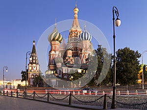 Moscow, Russia, Red Square, Cathedral of Intercession of Most Holy Theotokos on the Moat Temple of Basil the Blessed at night