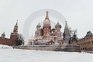 Moscow, Russia, Red square, view of St. Basil Cathedral in winter, bright day