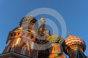 Moscow, Russia, Red Square. View of St. Basil`s Cathedral on bright sky