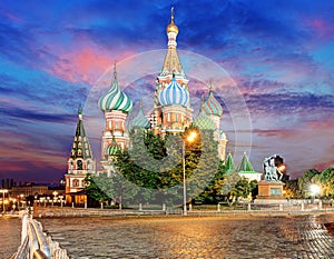 Moscow, Russia - Red square view of St. Basil`s Cathedral at night, nobody