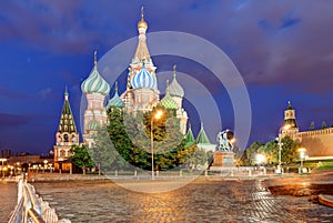 Moscow, Russia - Red square view of St. Basil`s Cathedral at night, nobody