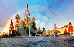 Moscow, Russia - Red square view of St. Basil`s Cathedral with r