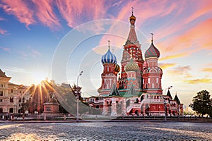 Moscow, Russia - Red square view of St. Basil`s Cathedral at sun