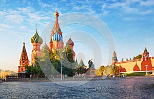 Moscow, Russia - Red square view of St. Basil`s Cathedral at sunrise, nobody