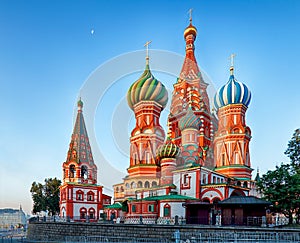 Moscow, Russia - Red square view of St. Basil`s Cathedral at sunrise, nobody