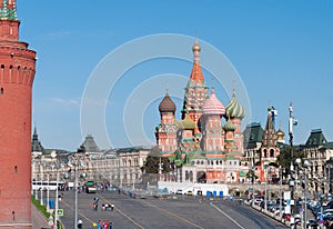 MOSCOW, RUSSIA - 21.09.2015. Saint Basil Cathedral and Vasilevsky Descent of Red Square in Moscow Kremlin,